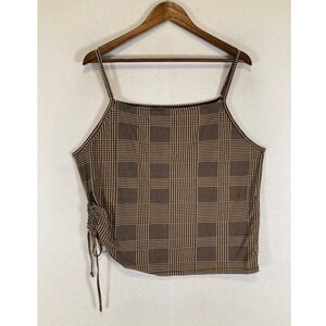 Dark Academia Feathers Women 3X Tan Plaid Side Ruched Cami Tank Top